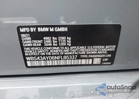 2022 BMW M3 Competition xDrive из США, поврежденный, VIN WBS43AY06NFL85337